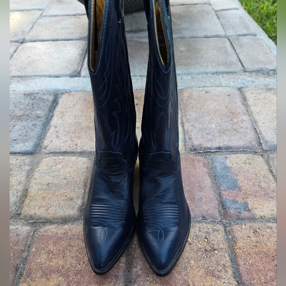 Vintage 90s Nocona Navy Leather Cowboy Boots | Made in USA | Western Heritage - Picture 6 of 10